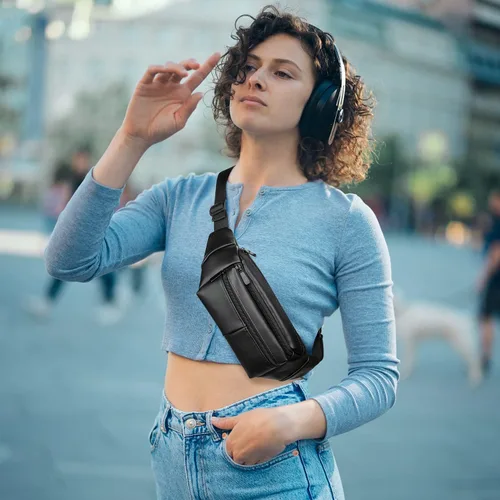 Vista 2 de Riñoneras de cuero para mujer, cangurera negra a la moda para hombres, niñas y niños, unisex de talla grande, bolsa cruzada de cintura linda, bolsa