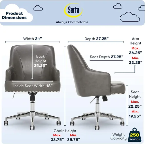 Vista 3 de Serta Leighton - Silla de escritorio para oficina en casa, elegante respaldo medio con clavos cromados, cojín de espuma viscoelástica y brazos