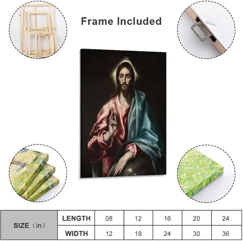 Vista 2 de El Greco - Póster de Salvator Mundi El Salvador de El Salvador, pintura decorativa en lienzo, arte de pared, para sala de estar, dormitorio, 12 x 18