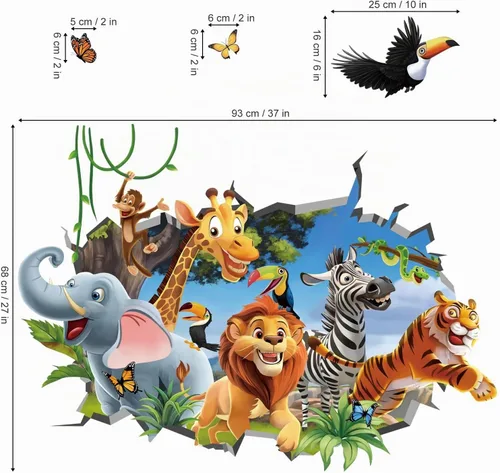 Vista 4 de decalmile Pegatinas de pared de animales de la jungla 3D, calcomanías de pared de animales del bosque, elefante, león, mono, calcomanías