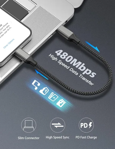 Vista 6 de Cable corto de carga rápida USB C a USB C de 1 pie, paquete de 3
