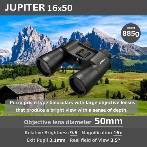 Vista 4 de Pentax Jupiter - Binocular de 16 x 50 pulgadas, fácil visión, gran apertura, prisma porro, color negro