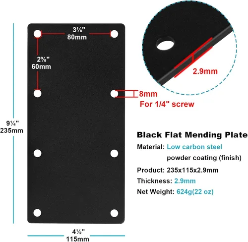 Vista 2 de 4 piezas de 9-1/4 pulgadas x 4-1/2 pulgadas negro recto soporte de placa de reparación, conector de placa de amarre para muebles, madera