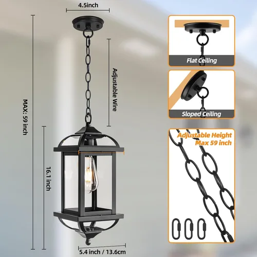 Vista 6 de Lámpara colgante grande para exteriores de 16 pulgadas, lámpara de araña exterior de aluminio antioxidante para porche con vidrio transparente
