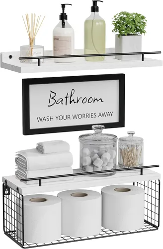 Vista 9 de WOPITUES Estantes Flotantes para Letrero de Decoración de Pared, Organizadores y Almacenamiento de Baño, Estantes de Baño Sobre el Inodoro con Negro