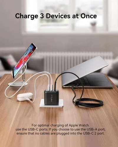 Vista 5 de GaN - Bloque de cargador USB C de 65 W, cargador de pared compacto de 3 puertos tipo C con cable USB-C/L 2 en 1 de 6 pies, 100 W, carga rápida