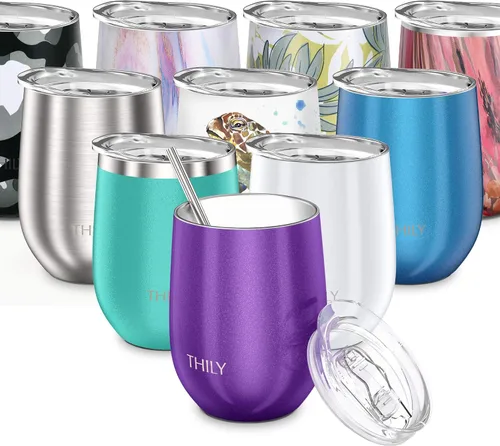 Vista 12 de THILY Vaso de vino aislado de acero inoxidable de 12 onzas, copa de vino sin tallo con tapa deslizante y popote de metal, taza de viaje que mantiene