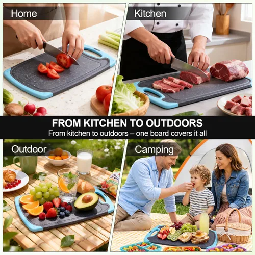 Vista 9 de Tabla de cortar de plástico, 3 tablas de cortar aptas para lavavajillas con ranuras para jugo, mango de fácil agarre, antideslizante, con área