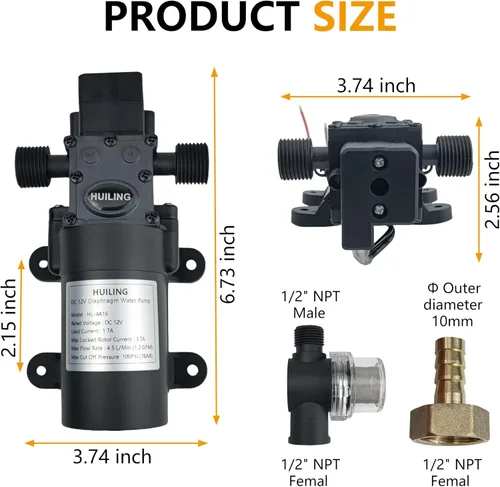 Vista 5 de Bomba de Diafragma DC de 12 V, Bomba Autocebante con Filtro, Terminal de Conexión Rápida, Bomba de Pulverización Ajustable con Interruptor