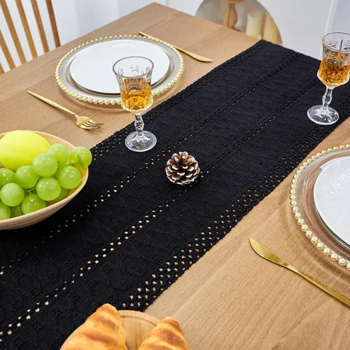 Vista 3 de FEXIA Camino de Mesa Negro con Borlas de 72 Pulgadas Macramé Boho Estilo Granja Camino de Mesa para Decoración de Dormitorio y Comedor