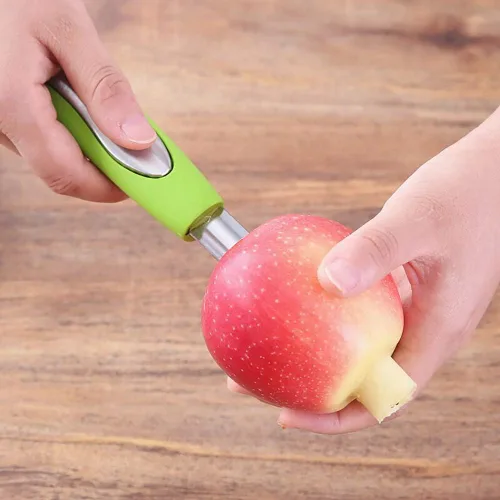 Vista 4 de Herramienta de extracción de descorazonador de pera de manzana de acero inoxidable con borde dentado afilado, herramienta removedor de núcleo