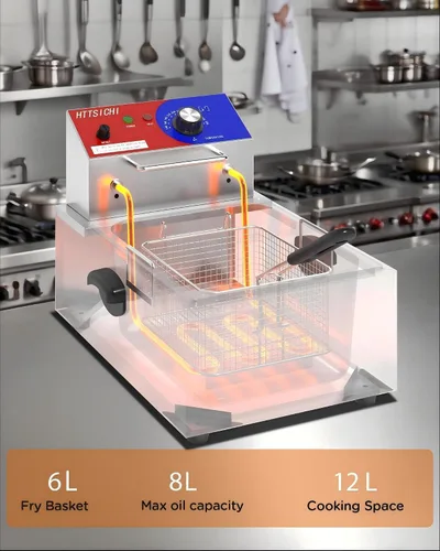 Vista 2 de Freidora Comercial Profunda - Freidora Eléctrica Profunda de 12 L con Cesta de 6 L, Freidora Comercial Profunda con Cesta, Freidora de Acero