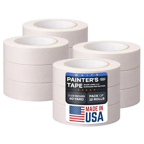 Vista 13 de IDL Packaging Cinta adhesiva blanca de 1 1/2 pulgadas x 60 yardas (paquete de 3 rollos), adhesivo de goma natural, protección de líneas afiladas