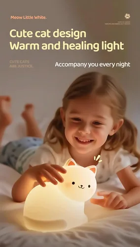 Vista 2 de Luz nocturna de gato para niños, lámpara de 7 colores, toque regulable, recargable portátil y esponjoso, luz nocturna LED de silicona, regalo