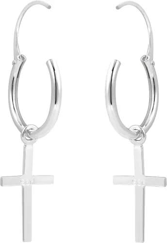 Vista 2 de AeraVida Pendientes de aro de plata de ley con cruz religiosa esencial, Metal