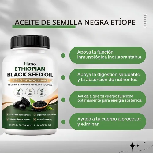Vista 3 de Aceite de semilla negra etíope Hano con 4.64% de timoquinona, 60 cápsulas blandas