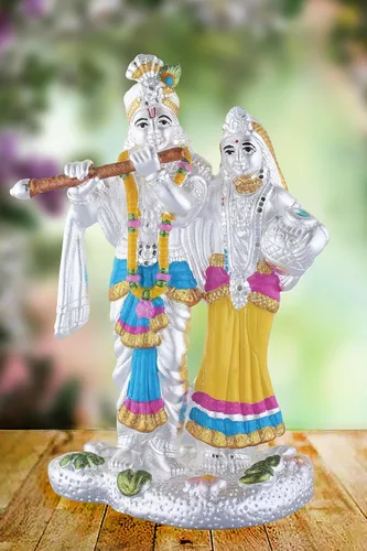 Vista 3 de Radha Krishna - Estatua de plata pura 990, 35 a 40 GMS de Murti colorido para el hogar Pooja