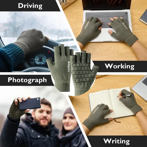 Vista 5 de COOLJOB 2 pares de guantes de punto cálido sin dedos para hombres y mujeres, guantes elásticos de invierno con agarre de silicona antideslizante
