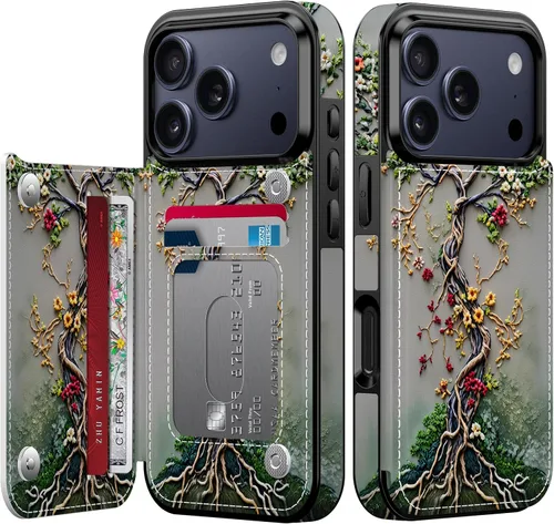 Vista 179 de FUNMIKO Funda tipo cartera para iPhone 15 con tarjetero + clip para efectivo, bloqueo RFID, protección contra caídas de grado militar y obras