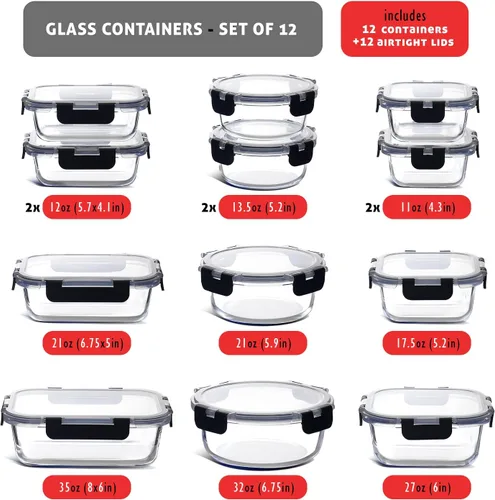 Vista 3 de EATEX 24 recipientes de almacenamiento de vidrio con tapas, 12 recipientes de almacenamiento de alimentos de vidrio con 12 tapas herméticas