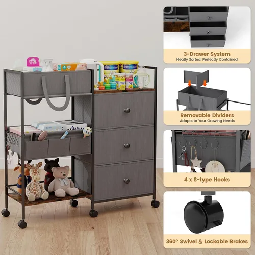 Vista 3 de Organizador de pañales de 3 niveles y carrito de almacenamiento, artículos esenciales para bebés con 2+2 divisores y 3 cajones, carrito rodante