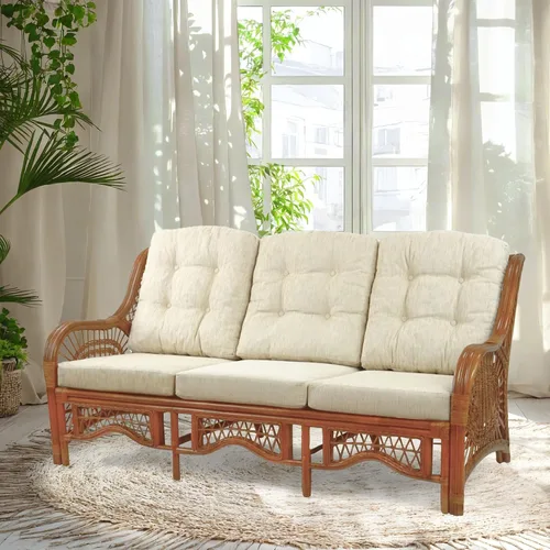 Vista 9 de Malibu Lounge Sofá de tres plazas de mimbre de ratán natural, diseño hecho a mano (cojines marrón claro, colonial)