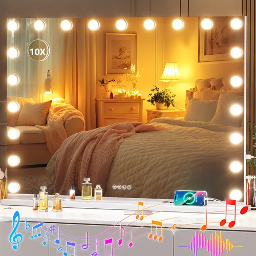 Vista 16 de Hasipu Espejo de tocador Hollywood de vidrio templado de 29 x 20.01 pulgadas con luces, altavoz Bluetooth, espejo de maquillaje con luces, 14