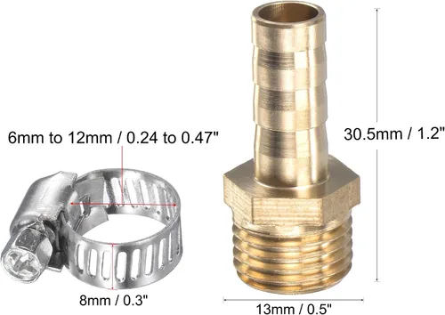 Vista 3 de Conector de espiga para manguera de latón, recto, 0.315 in x G1/4, conector de tubería de rosca macho con abrazadera de manguera de acero