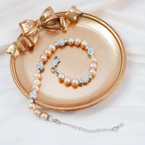 Vista 3 de Rosedate Pulsera de perlas naturales con incrustaciones de diamantes, pulsera de flores doradas, elegante y exquisita para mujeres y niñas, regalo
