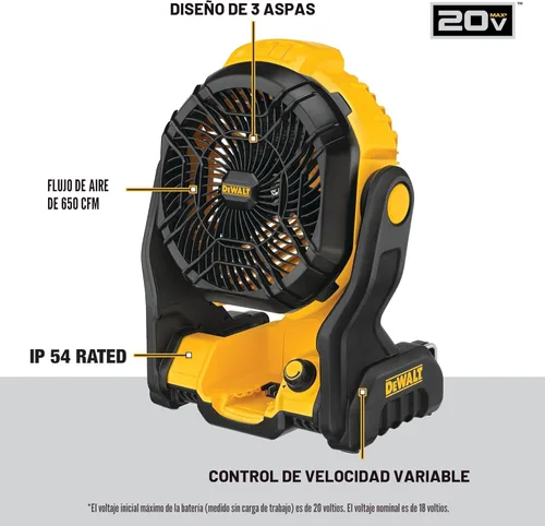 Vista 2 de DEWALT 20V MAX Ventilador portátil, ventilador de taller inalámbrico recargable con batería, hasta 4.5 horas de duración, velocidad variable, 650