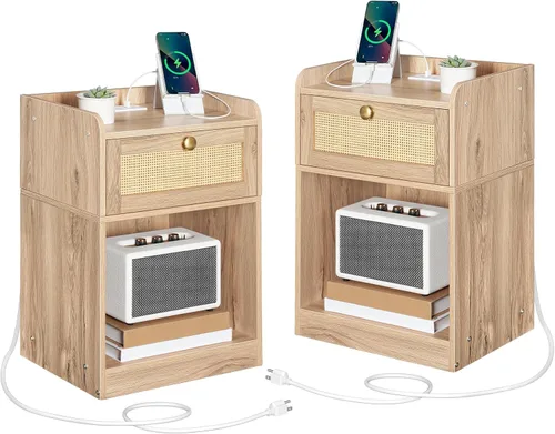 Vista 10 de CHOEZON - Mesa de noche, mesa auxiliar con estación de carga, mesa lateral con cajón estilo ratán y estante de almacenamiento, mesa de sofá moderna