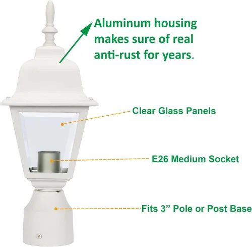 Vista 2 de LIT-PaTH Farol de poste de iluminación al aire libre, base mediana E26 máximo de 60 W, carcasa de aluminio más vidrio transparente, bombilla
