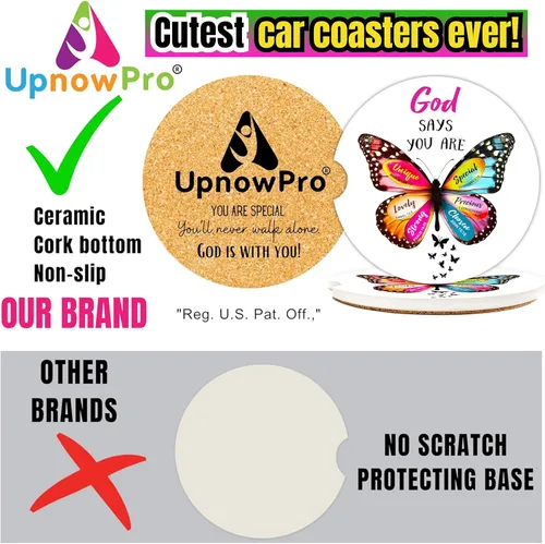 Vista 3 de Posavasos cristianos para portavasos – Paquete de 2 bonitos versículos de la Biblia de mariposa, accesorios de coche para mujeres, decoración de fe
