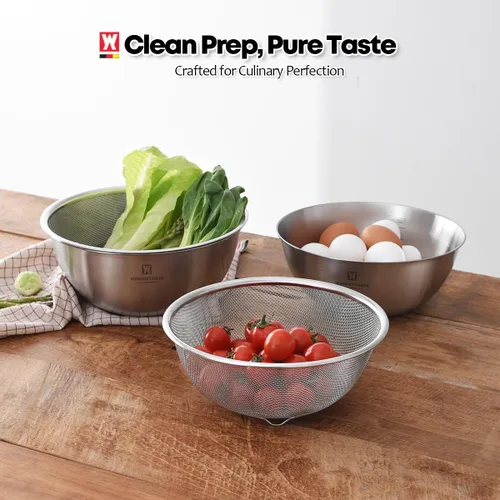 Vista 7 de WAGENSTEIGER Juego de tazón de acero inoxidable y colador de 3 patas, canasta de cocina multiusos con colador de malla fina, cuenco para mezclar