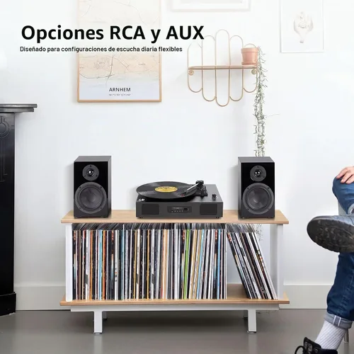 Vista 10 de Tocadiscos de vinilo Bluetooth con dos altavoces incorporados, grabación USB, transmisión por correa, 3 velocidades, tocadiscos para discos