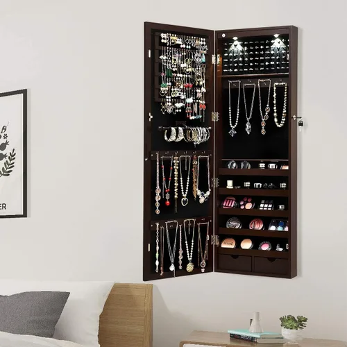 Vista 8 de Giantex Organizador de joyas montado en la paredpuerta con 2 luces LED, armario de joyería de altura ajustable con cerradura con espejo de longitud