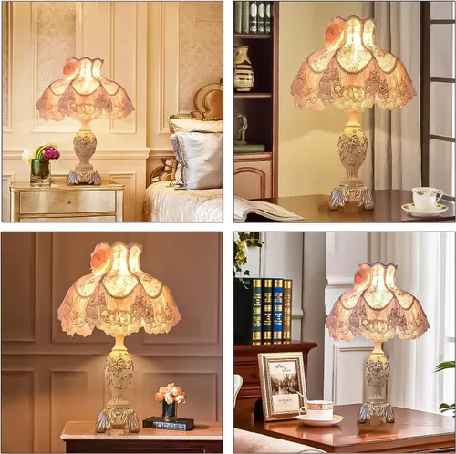 Vista 4 de Lámpara de escritorio de estilo europeo rosa con pantalla de tela, lámpara de mesa victoriana con bombilla E27 e interruptor de botón, lámparas