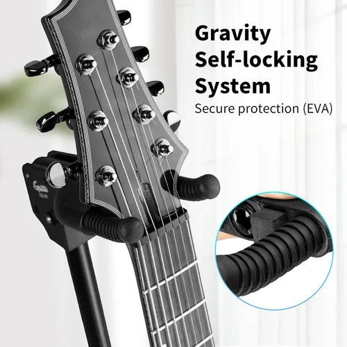Vista 2 de GUITTO Soporte para guitarra - Bloqueo automático resistente, ajustable y plegable para acústica/eléctrica/bajo (capacidad de 15 kg), base