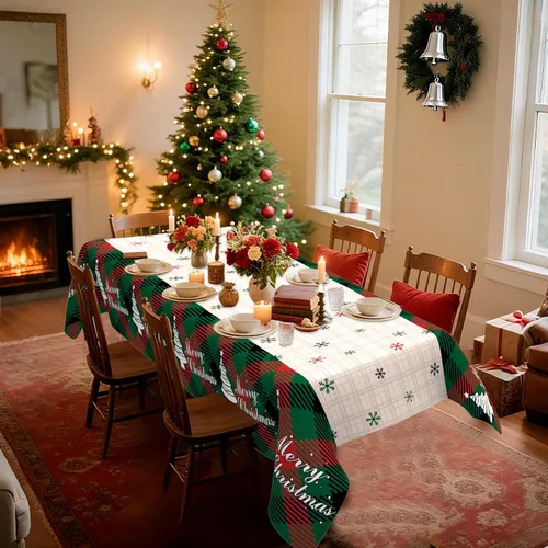 Vista 5 de Mantel de Navidad, 2 piezas de mantel de Navidad desechable para mesa rectangular, 54" x 108" de plástico con diseño de copo de nieve, árbol