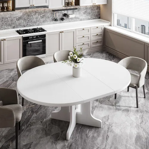 Vista 10 de Feonase Mesa de comedor redonda extensible de 59 pulgadas para 4-6, moderna mesa de cocina ovalada con base de madera resistente, soporte de marco