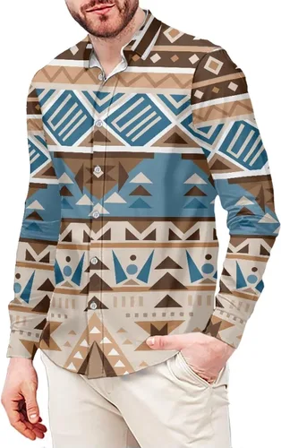 Vista 20 de Camisas aztecas con botones para hombre, vintage, nativo americano, patrón tribal nación, manga larga, camisa de talla grande para hombre