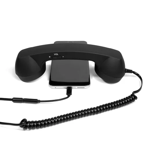 Vista 3 de Fumei Auricular de teléfono retro de 0.138 in reduce la radiación del teléfono celular Micrófono Altavoz Receptor de mano para teléfono Android Negro