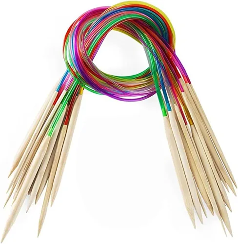 Vista 8 de Juego de 18 agujas de tejer circulares de bambú, 18 tamaños, agujas de tejer de bambú de doble punta con tubo de plástico de color para hilo