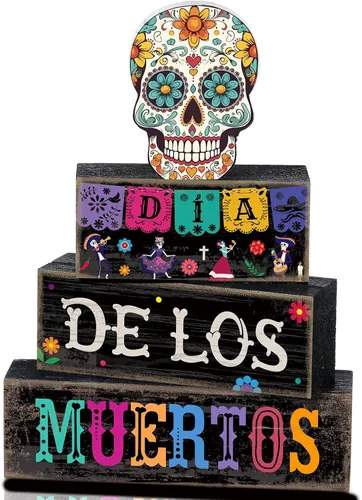 Vista 108 de Lineshading 4 piezas de decoración de mesa de Halloween espeluznante café apilado, decoración de bloques apilados de madera, letreros con tapa