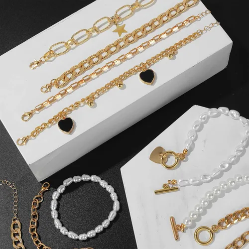 Vista 2 de IFKM 6 PACK (24 PCS) Boho Gold Chain Bracelets Set for Women Girls, 14K Gold Plated Multiple Layered Stackable Open Cuff Wrap Bangle Adjustable Link
