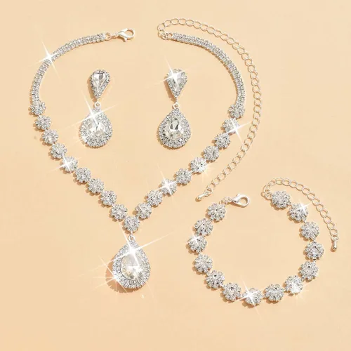 Vista 2 de Unicra Juego de joyas de boda para novia, collar de diamantes de imitación de plata, aretes y pulseras, joyería formal para mujeres y novias