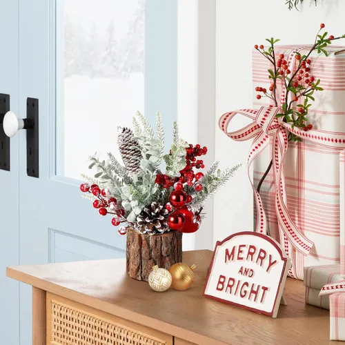 Vista 5 de Hatisan Árbol de Navidad pequeño con adornos de Navidad, piña baya, árbol de Navidad artificial de mesa para decoración de Navidad, hogar