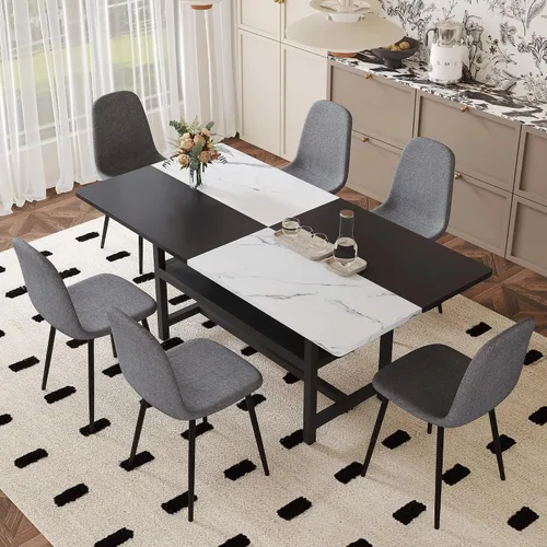Vista 34 de Juego de mesa de comedor de 71 pulgadas para 6 personas con estante de almacenamiento, juego de mesa de comedor rectangular industrial moderna