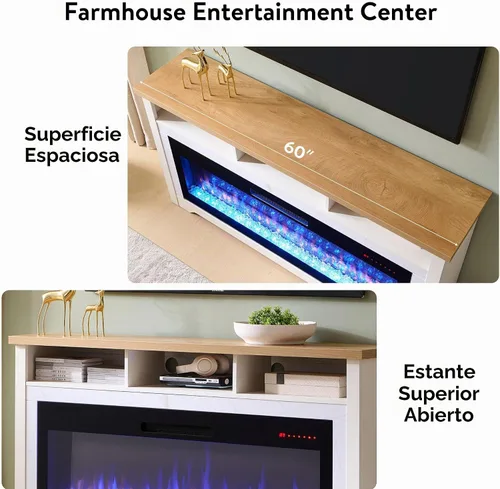Vista 5 de Soporte de TV con chimenea de 60 pulgadas con chimenea eléctrica inteligente 50, aplicación y control de voz, centro de entretenimiento de mármol