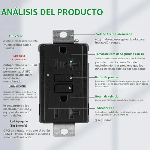 Vista 3 de Wengart Generador de 20 amperios GFCI Outlet 125V, estándar UL 2018, interruptor de circuito de falla de tierra de grado industrial